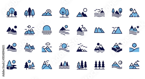 Collection of stylized landscape icons featuring mountains, water, boats, sun and trees in blue tones.