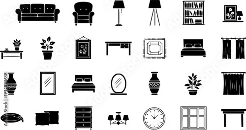 Interior Design Home Decor Flat Icons-Sofa Armchair Floor Lamp Bookshelf Plant Artwork Area Rug Curtain Table-20 Interior Icon Set Vector - Home Decor Icons