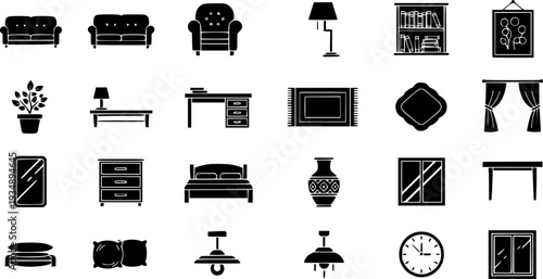 Interior Design Home Decor Flat Icons-Sofa Armchair Floor Lamp Bookshelf Plant Artwork Area Rug Curtain Table-20 Interior Icon Set Vector - Home Decor Icons