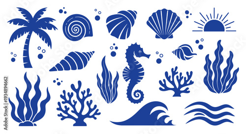 Collection of blue sea life icons featuring coral, shells, seahorses and waves in a coastal scene.