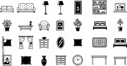 Interior Design Home Decor Flat Icons-Sofa Armchair Floor Lamp Bookshelf Plant Artwork Area Rug Curtain Table-20 Interior Icon Set Vector - Home Decor Icons
