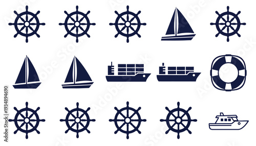 Collection of nautical steering wheels, sailboats, ships, and lifebuoy icons.