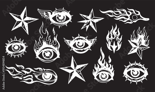 Collection of mystical and occult symbols including eyes, hands, suns, tribal figures, and abstract designs, isolated