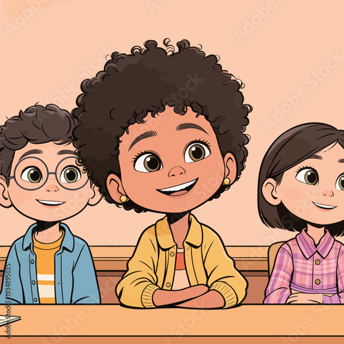 Three kids sit at a desk in a classroom. They smile and interact with each other while engaged in a group activity.