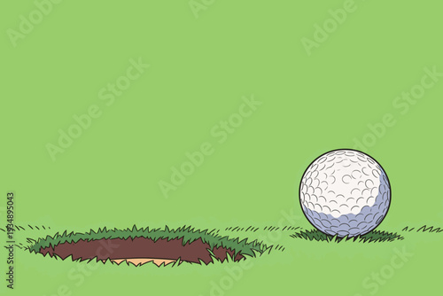 A golf ball rolls on the green grass close to a hole on a bright day. The scene shows a typical part of a golf course.