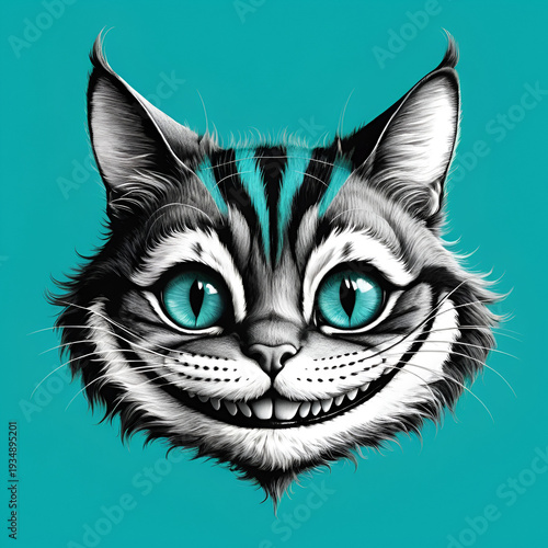 A whimsical black and white striped Cheshire Cat illustration with a wide, mischievous grin and bright turquoise eyes, embodying fantasy and mystery.