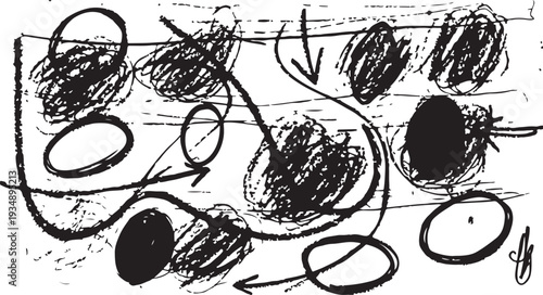 pencil hand drawn various oval, chalked arrows, check marks. Vector doodle marker drawing. Hand drawn charcoal symbols for diagrams. Freehand grunge