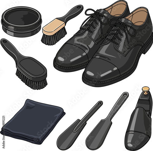 A complete set of black dress shoes with various shoe care and maintenance accessories including polish, brushes, cloth, shoe horns, and shoe trees.
