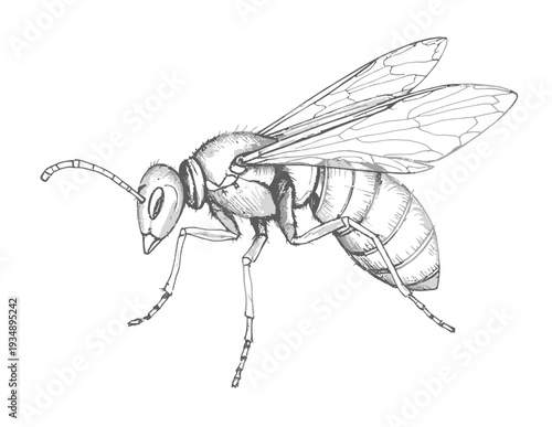 Detailed black and white line drawing of a flying insect, possibly a wasp or bee, showcasing its anatomical features and delicate wings.
