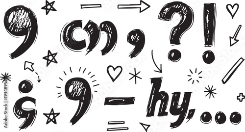 Bold hand-drawn black doodle icons set, including arrows, hearts, speech bubbles, sunburst, crown, question mark, and swirl lines in a casual sketch style.