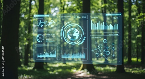 Futuristic ESG dashboard with holographic carbon reduction interface over a lush green forest background.