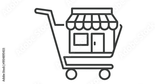 Simple line drawing of a shopping cart with a store facade design
