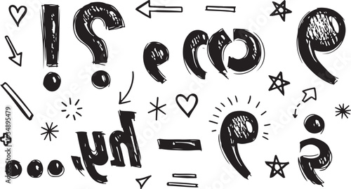 Bold hand-drawn black doodle icons set, including arrows, hearts, speech bubbles, sunburst, crown, question mark, and swirl lines in a casual sketch style.