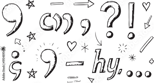 Bold hand-drawn black doodle icons set, including arrows, hearts, speech bubbles, sunburst, crown, question mark, and swirl lines in a casual sketch style.