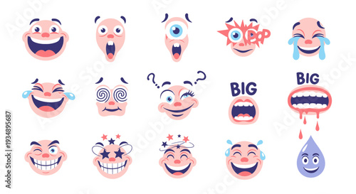 A diverse collection of cartoon face emojis expressing a wide range of emotions and reactions, including joy, surprise, and shock, rendered in a vibrant, stylized art style