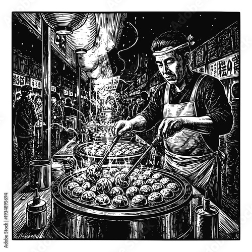 Authentic Japanese street food vendor cooking takoyaki at a night market. Detailed black and white ink sketch of a chef preparing traditional snacks in a bustling urban festival atmosphere.