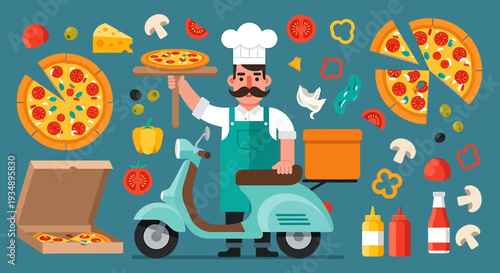 A chef on a scooter delivering pizzas and food items to customers in a lively urban setting