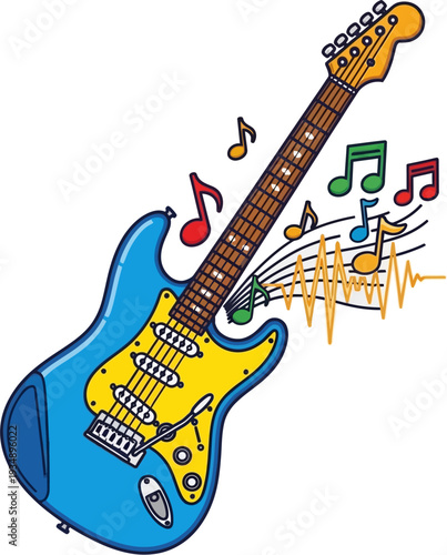 A blue electric guitar with yellow pickguard and musical notes floating around, emitting sound waves.