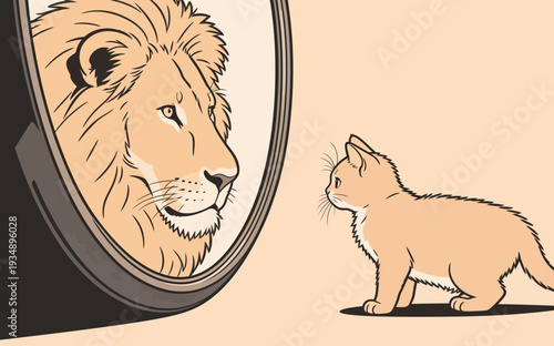 A small cat looks at its reflection in a mirror and sees a lion. The scene takes place in a light setting.