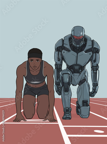 A runner and robot line up on a track, ready to begin a race in a competitive environment. Their focus shows determination for the start.