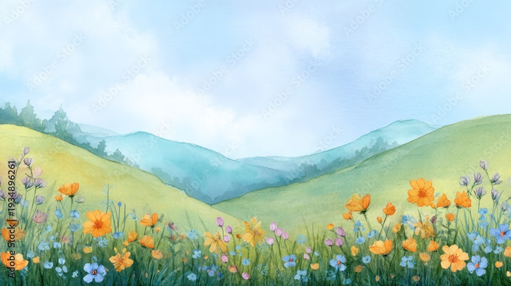 Fototapeta premium Watercolor painting of a field with flowers and mountains