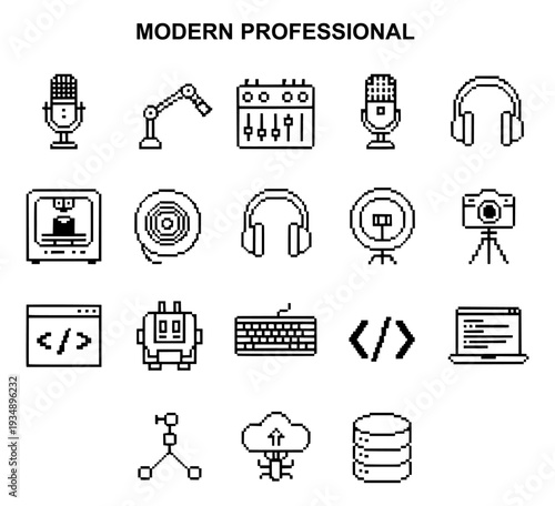 Modern digital professional line icon set featuring podcasting, coding, 3D printing, and remote work. Minimalist pixel-perfect symbols for technology, creative media, and workflow design.