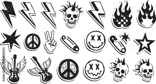 Colorful punk rock doodle set - funny skulls, flames, lightning bolts and stars, hearts, lips and eyes. Vivid freehand drawings, sketch for rebellious music poster, textile, youth subculture design.