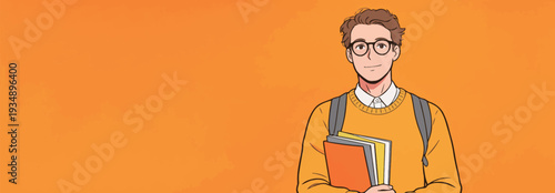 A student is holding books in front of an orange background while wearing glasses and a backpack during school time.