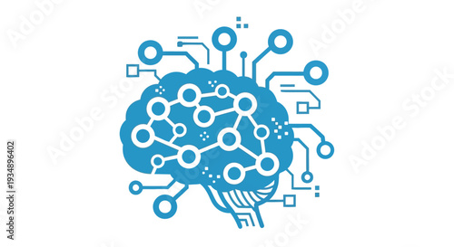 A blue illustration depicting a human brain integrated with digital circuit connections