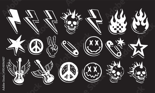 Colorful punk rock doodle set - funny skulls, flames, lightning bolts and stars, hearts, lips and eyes. Vivid freehand drawings, sketch for rebellious music poster, textile, youth subculture design.