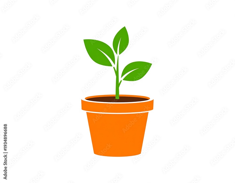 Fototapeta premium Simple illustration of a green sprout emerging from a brown soil-filled orange pot, white background