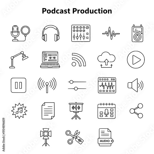 Modern podcast production line icon set featuring microphones, headphones, mixers, and digital audio workstations. Minimalist pixel-perfect symbols for broadcasting and content creation.