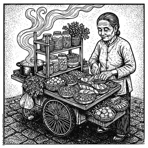 Traditional Asian street food vendor preparing fresh ingredients at a rustic cart. Detailed black and white engraving style illustration of an elderly woman cooking local market cuisine.