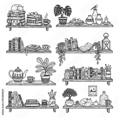 Cozy aesthetic bookshelf illustrations featuring cats, indoor plants, coffee mugs, and vintage books. Hand-drawn black and white engraving style for hygge lifestyle and cottagecore design.