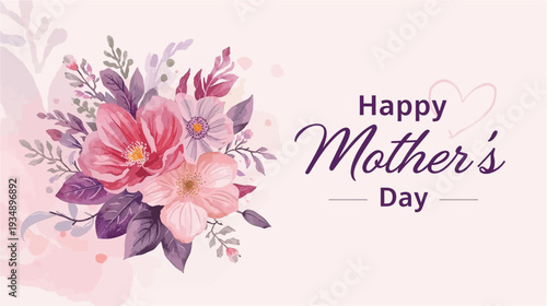 Happy Mother's Day greeting card with a beautiful watercolor floral bouquet in pink and purple hues on a soft background.