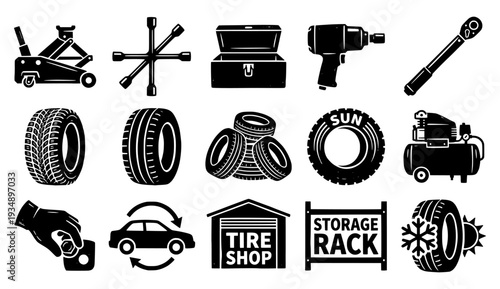 Professional auto service and tire shop icon set featuring rubber tires, car jacks, air compressors, and mechanic tools. High-quality black and white engravings for automotive repair branding.