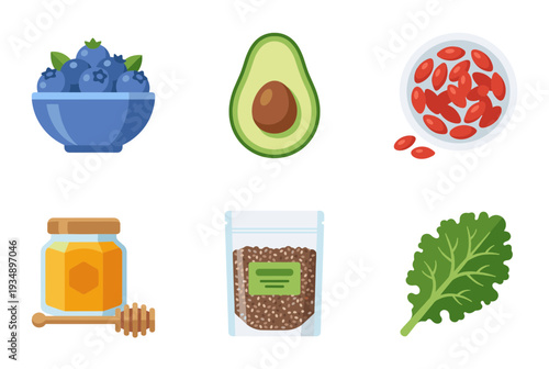 Flat vector collection of superfood ingredients including blueberries, avocado, goji berries, honey, chia seeds, and kale leaf for healthy diet and organic nutrition