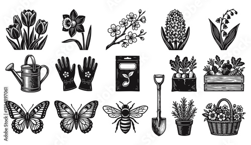 Vintage gardening icon set featuring spring flowers, butterflies, and bees in a hand-drawn engraving style. Rustic botanical illustrations of tulips, hyacinths, and garden tools for design.