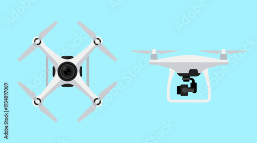 Professional white drone illustrations showing top view and side view perspectives with camera gimbal for aerial photography, surveillance and modern technology