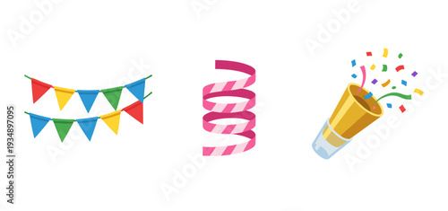 Festive party decoration elements including colorful bunting flags, pink curling ribbon, and a gold confetti popper for birthdays, celebrations and holiday events