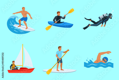 Summer Water Sports and Outdoor Activities Set Including Surfing Kayaking Scuba Diving Sailing Paddleboarding and Swimming for Active Lifestyle Design