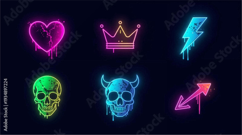 Collection of six vibrant neon graffiti-style icons with dripping paint effect on a dark background, featuring a broken heart, crown, lightning bolt, skull, horned skull, and arrow.