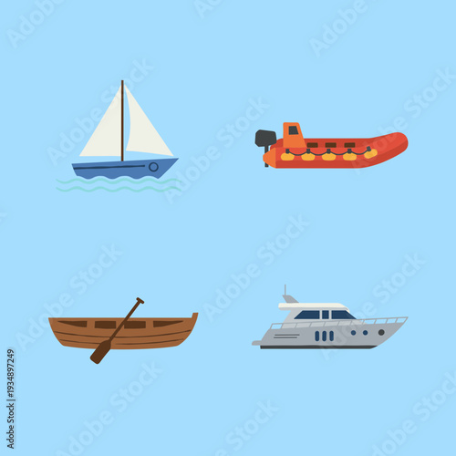 Various Types of Boats and Watercraft Set Including Sailboat Inflatable Motorboat Rowboat and Luxury Yacht for Transportation and Maritime Travel Theme