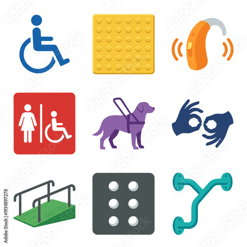 Disability accessibility icons set featuring wheelchair braille hearing aid sign language and ramp symbols for inclusive public infrastructure design