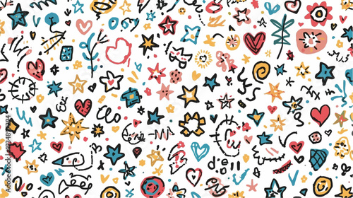 A vibrant and playful seamless pattern featuring a multitude of hand-drawn doodle elements like stars, hearts, and abstract shapes on a white background.