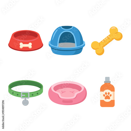 Domestic pet care accessories set including food bowl cat litter box bone toy collar bed and shampoo bottle for veterinary and pet store concepts