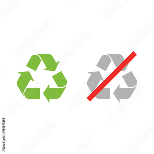 Universal recycling symbol with green and gray prohibited versions for waste management sustainability and environmental protection awareness concept