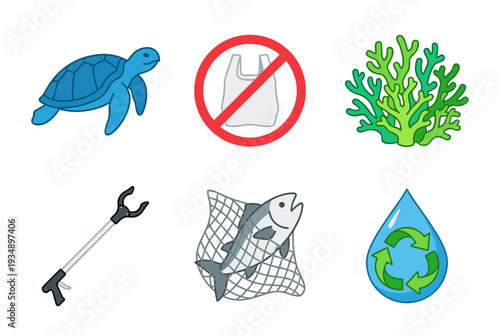 Marine Conservation Icons Set with Sea Turtle Coral Reef and Water Recycling Symbols for Ocean Protection and Plastic Free Environment Sustainability Awareness