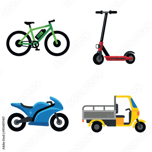 Modern Electric Mobility Vehicles Collection Including E-Bike Electric Scooter Motorbike and Cargo Tuk-tuk for Sustainable Urban Transportation Solutions