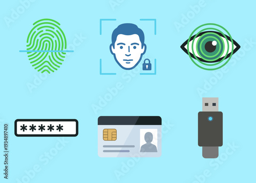 Biometric Security and Identity Authentication Icons Featuring Fingerprint Face ID Eye Scanner Password ID Card and Hardware Security Key for Data Privacy